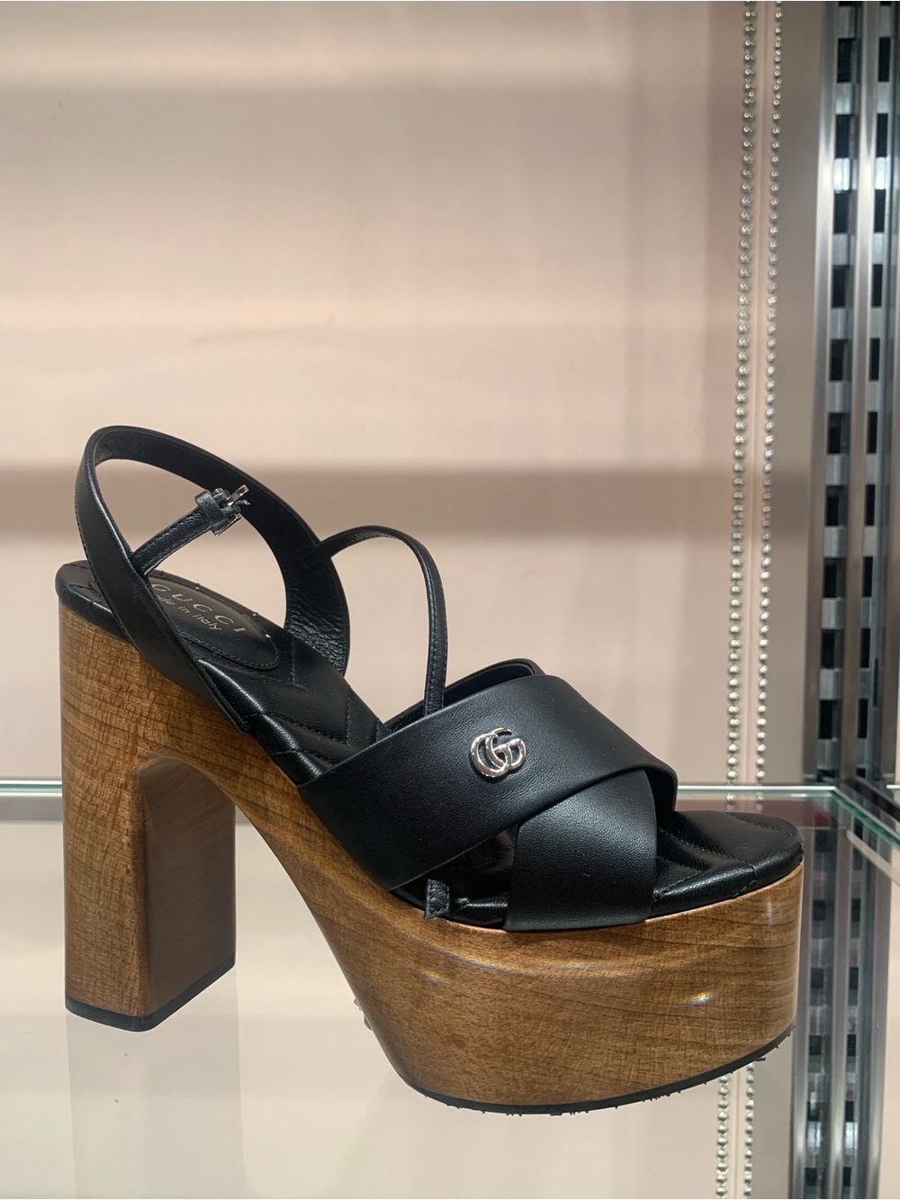 Gucci Black Leather Platform Sandal with Wood Block Heel